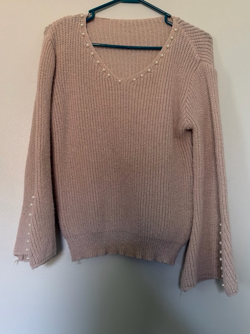 SHEIN Blush Pink Pearl-Trim V-Neck Sweater